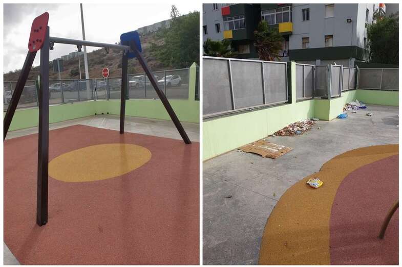 Suciedad y piezas rotas en el  parque infantil de la calle de Manuel Alemán Álamo (Foto TA)